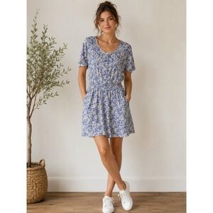 VTG 80s 90s Action Gear Cotton Floral Blue White Romper Cottagecore L fits M